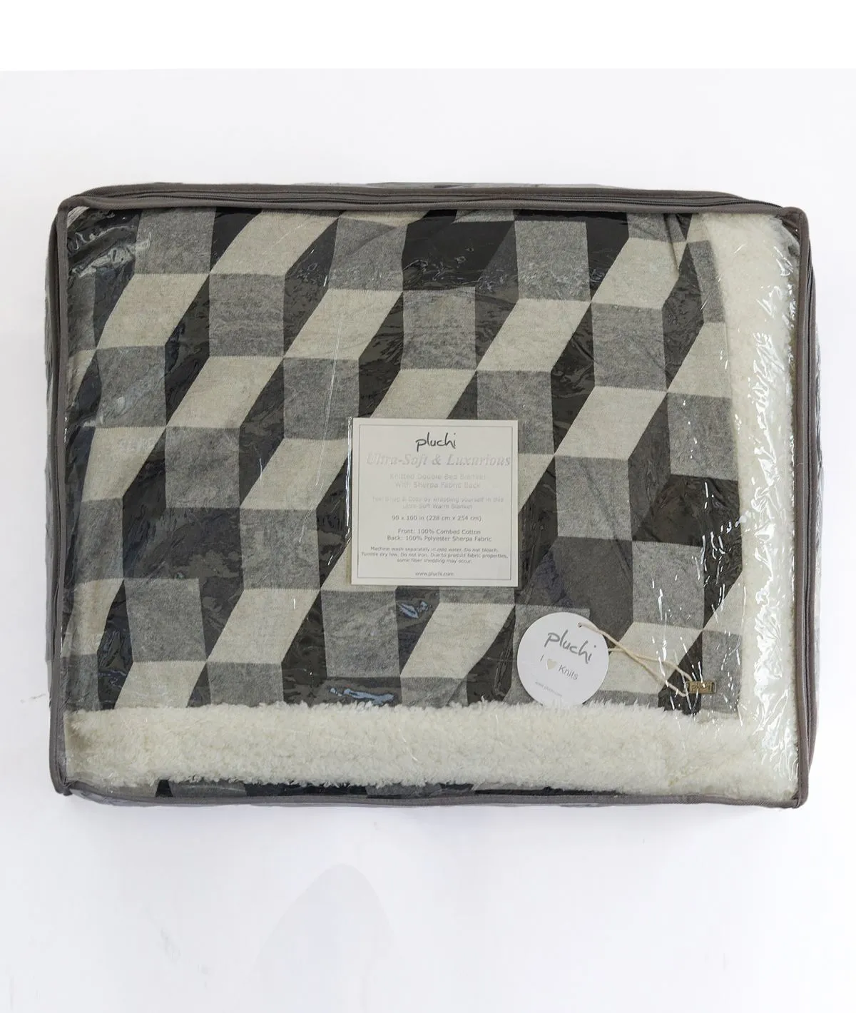 3D Block Double Bed Front Cotton Knitted with Sherpa Back Blanket with Ivory ,Dark Grey, Light. Grey & Black