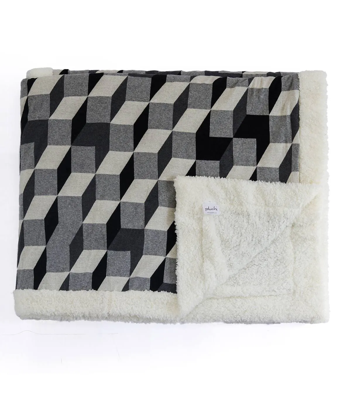 3D Block Double Bed Front Cotton Knitted with Sherpa Back Blanket with Ivory ,Dark Grey, Light. Grey & Black