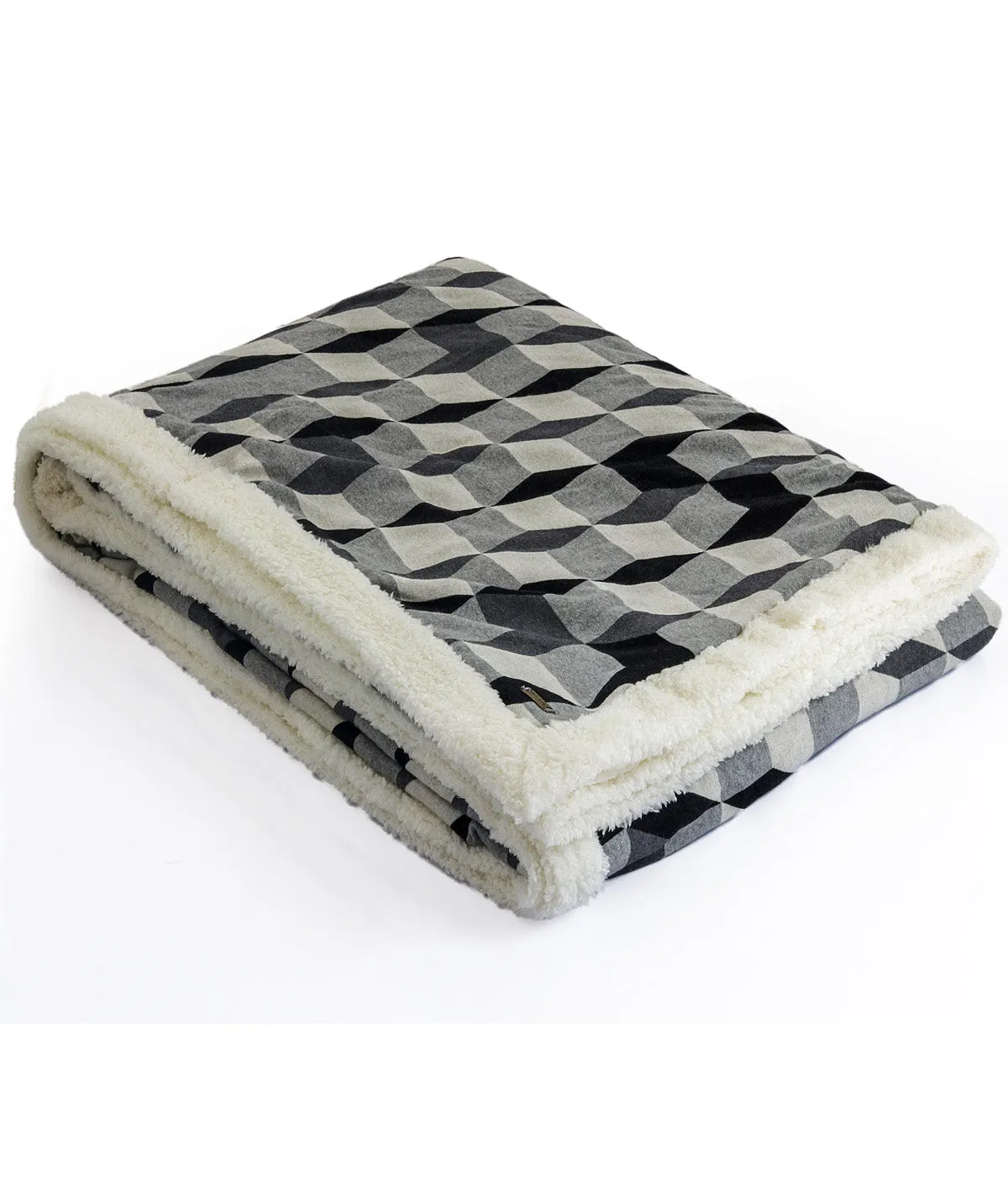 3D Block Double Bed Front Cotton Knitted with Sherpa Back Blanket with Ivory ,Dark Grey, Light. Grey & Black