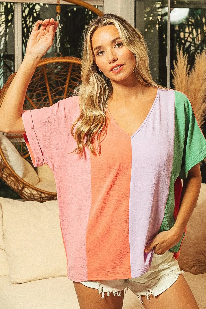 Air Flow Color Block Roll Up Sleeve V-Neck Top