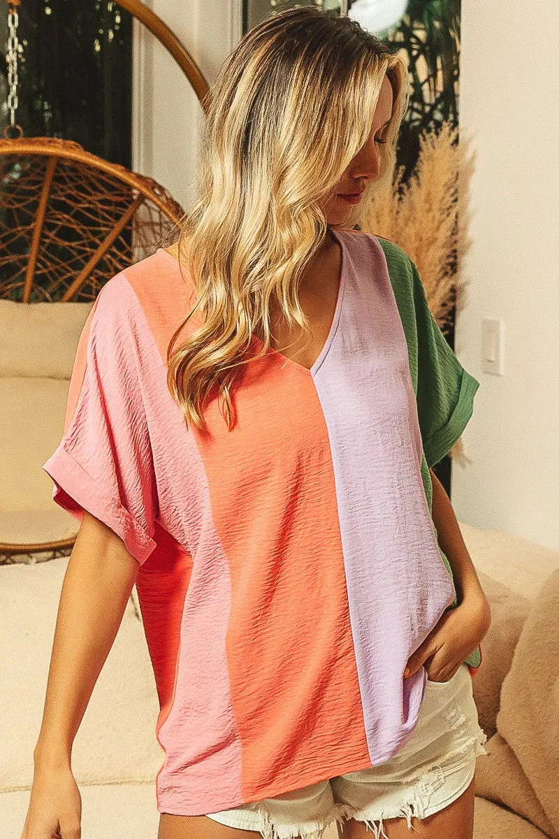 Air Flow Color Block Roll Up Sleeve V-Neck Top