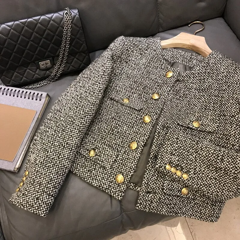 BACK TO COLLEGE   High quality small fragrant wind coat female  spring and autumn new women's retro city tweed short