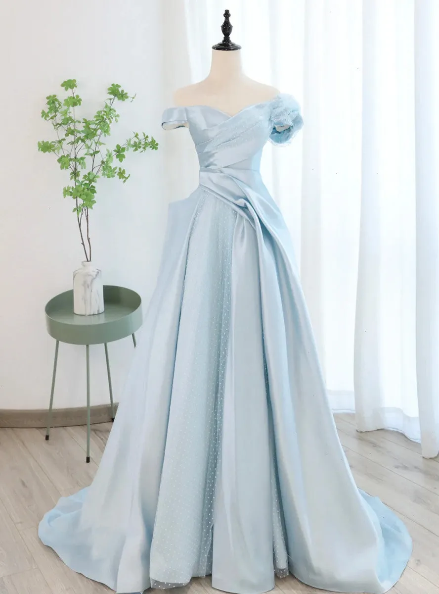 Blue Satin Tulle Off the Shoulder Prom Dress