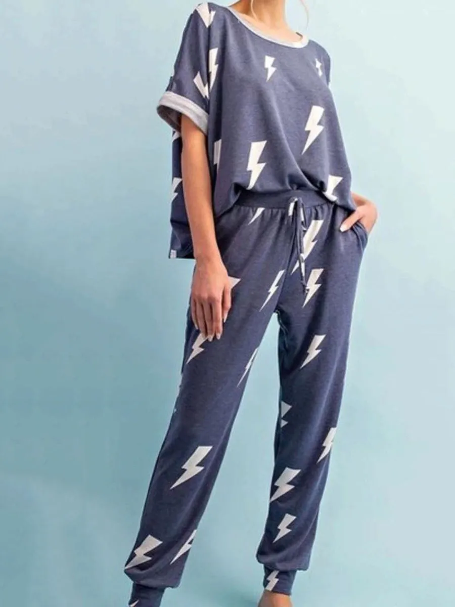 Casual Loose Comfortable Short Sleeve Top Pants Lightning Print Suit