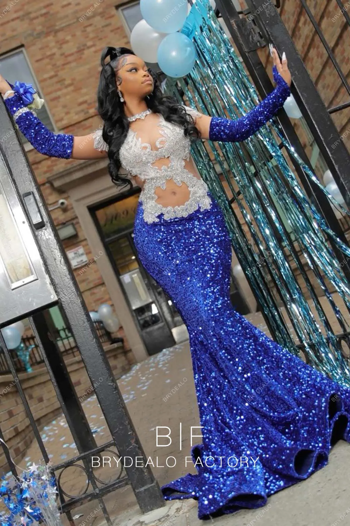 Cutouts Royal Blue Sequin Mermaid Horsehair Prom Dress