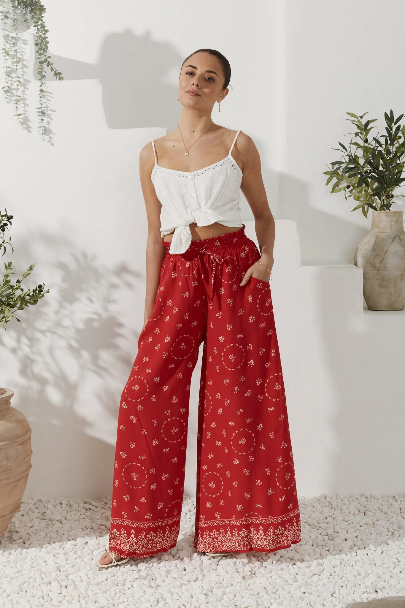 Elowen Red Boho Wide Leg Pants