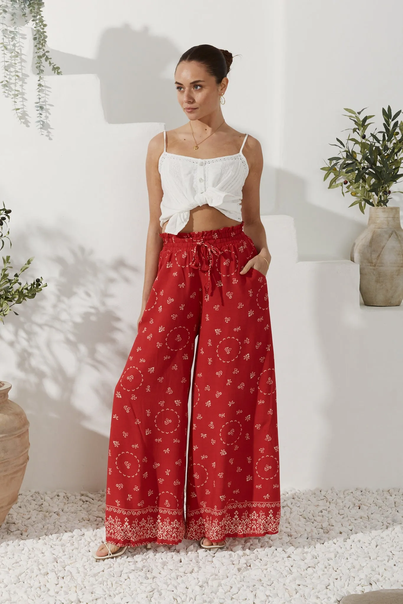 Elowen Red Boho Wide Leg Pants