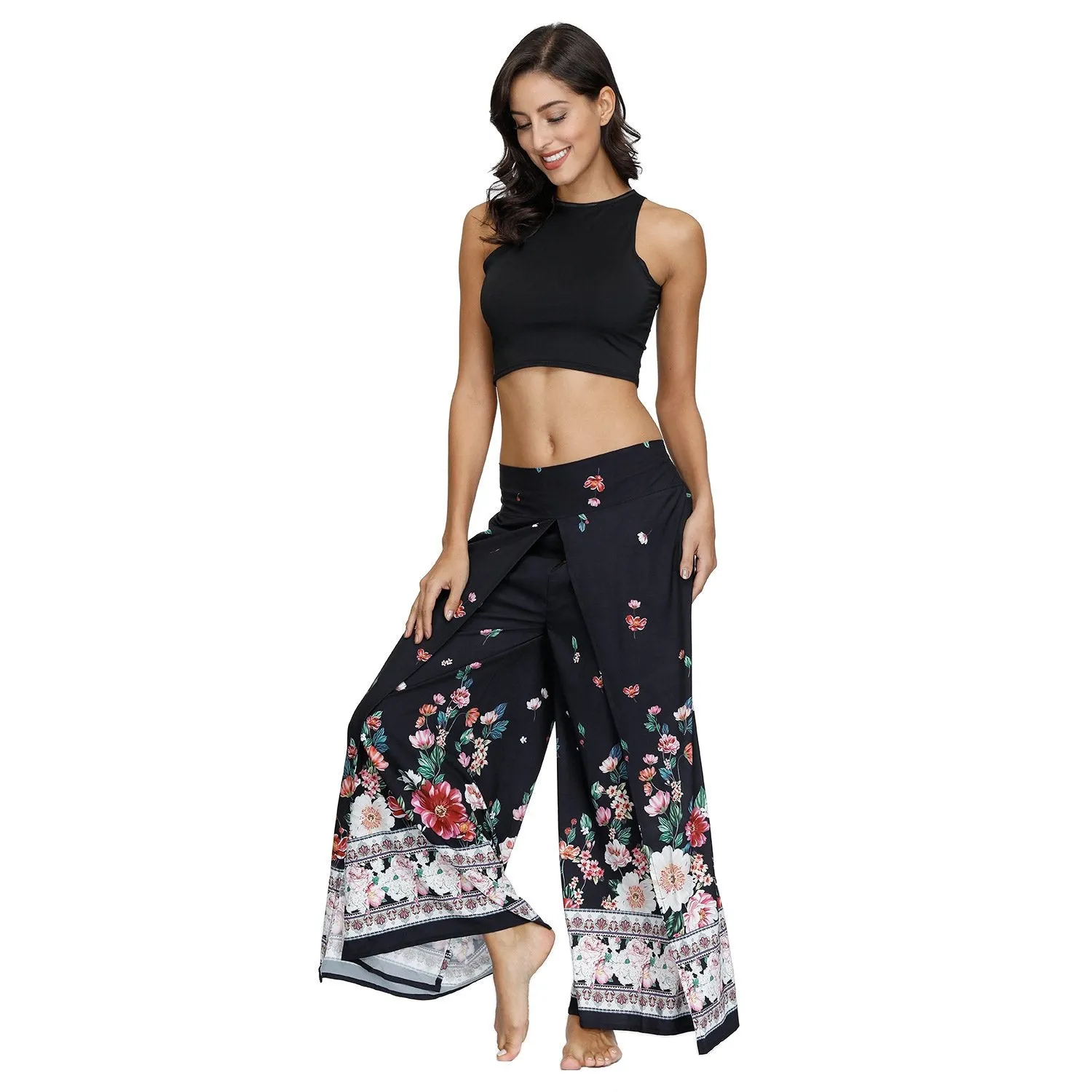 Floral Digital Print Women's Split Casual Pants Fashion Loose Wide Leg Pants Two Layers Yoga Boho Style Pants