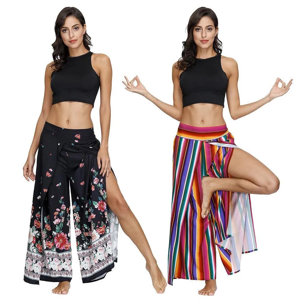 Floral Digital Print Women's Split Casual Pants Fashion Loose Wide Leg Pants Two Layers Yoga Boho Style Pants