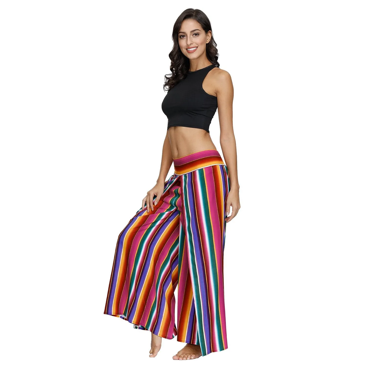 Floral Digital Print Women's Split Casual Pants Fashion Loose Wide Leg Pants Two Layers Yoga Boho Style Pants