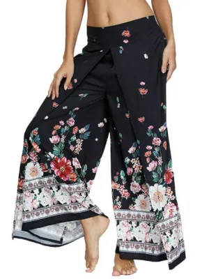 Floral Digital Print Women's Split Casual Pants Fashion Loose Wide Leg Pants Two Layers Yoga Boho Style Pants