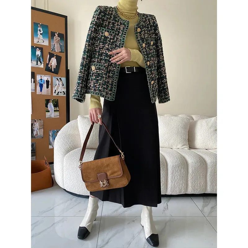 Flytonn-Fall Outfits Women Gold Button Coarse Green Tweed Jacket Autumn Winter Elegant Coat For Women