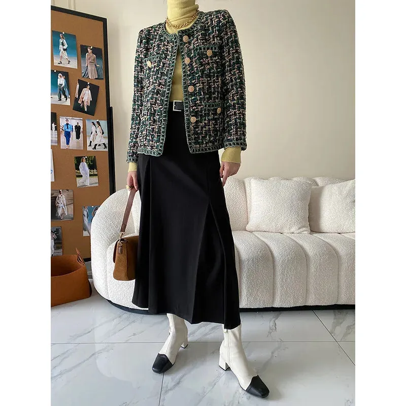 Flytonn-Fall Outfits Women Gold Button Coarse Green Tweed Jacket Autumn Winter Elegant Coat For Women