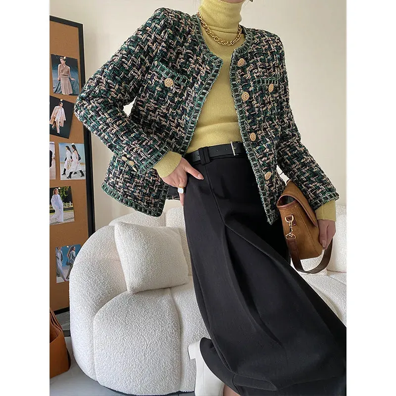 Flytonn-Fall Outfits Women Gold Button Coarse Green Tweed Jacket Autumn Winter Elegant Coat For Women