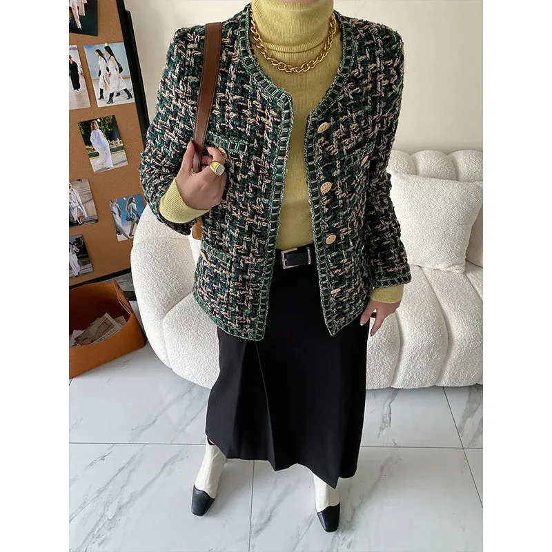 Flytonn-Fall Outfits Women Gold Button Coarse Green Tweed Jacket Autumn Winter Elegant Coat For Women