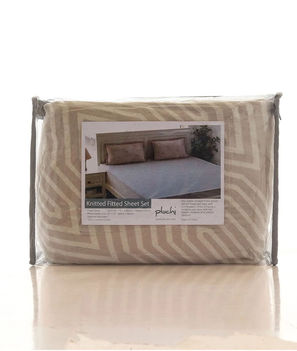 Graham Cotton Knitted King Size Double Bed Fitted Sheet With 2 Pillow Covers Set (Pale Wisheper & Natural)