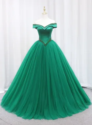 Green Ball Gown Tulle Off the Shoulder Beading Prom Dress