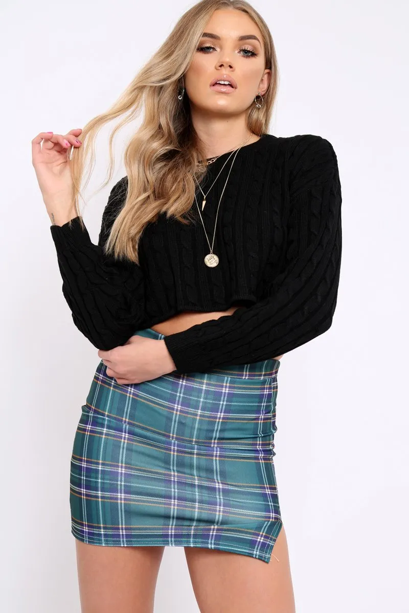 Green Check Side Split Skirt - Zelle