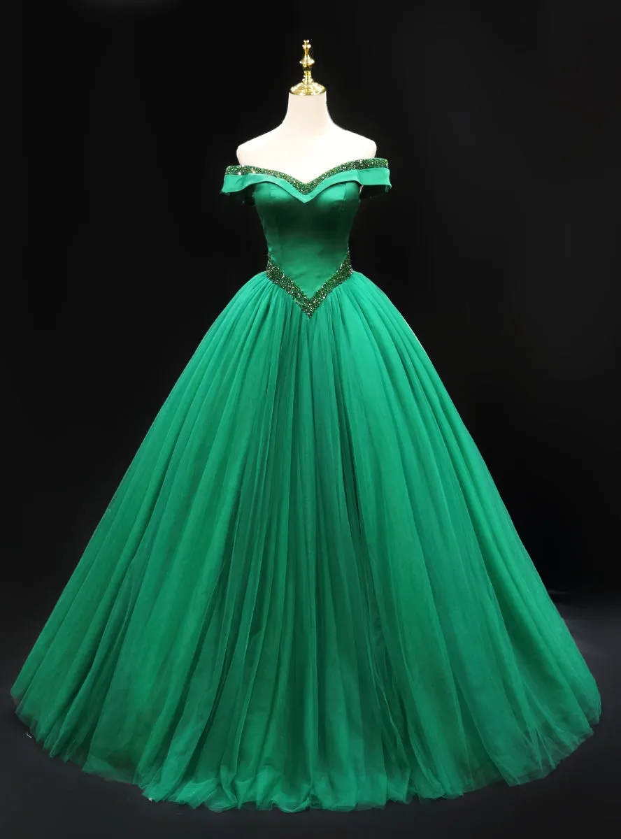 Green Tulle Off the Shoulder Beading Prom Dress