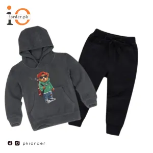 Grey Green Bear Printed Kids Hoodie Set