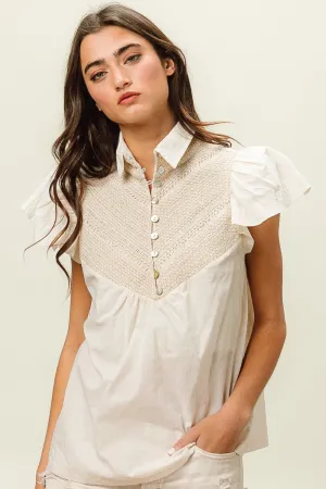 Half Button Collared Neck Short Sleeve Top