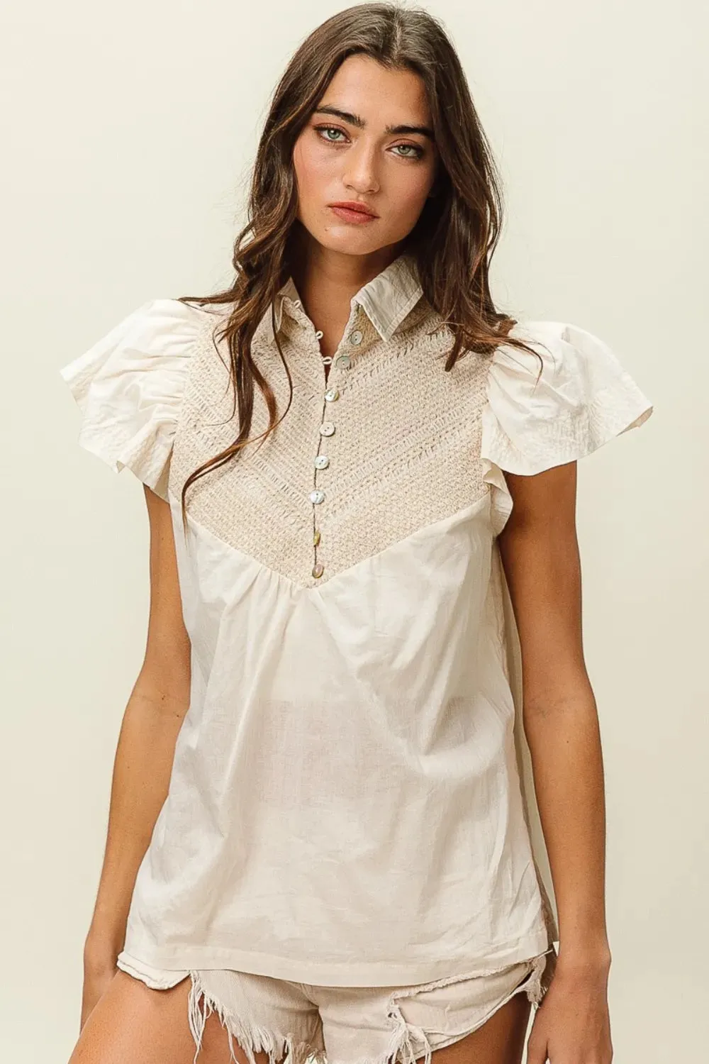 Half Button Collared Neck Short Sleeve Top