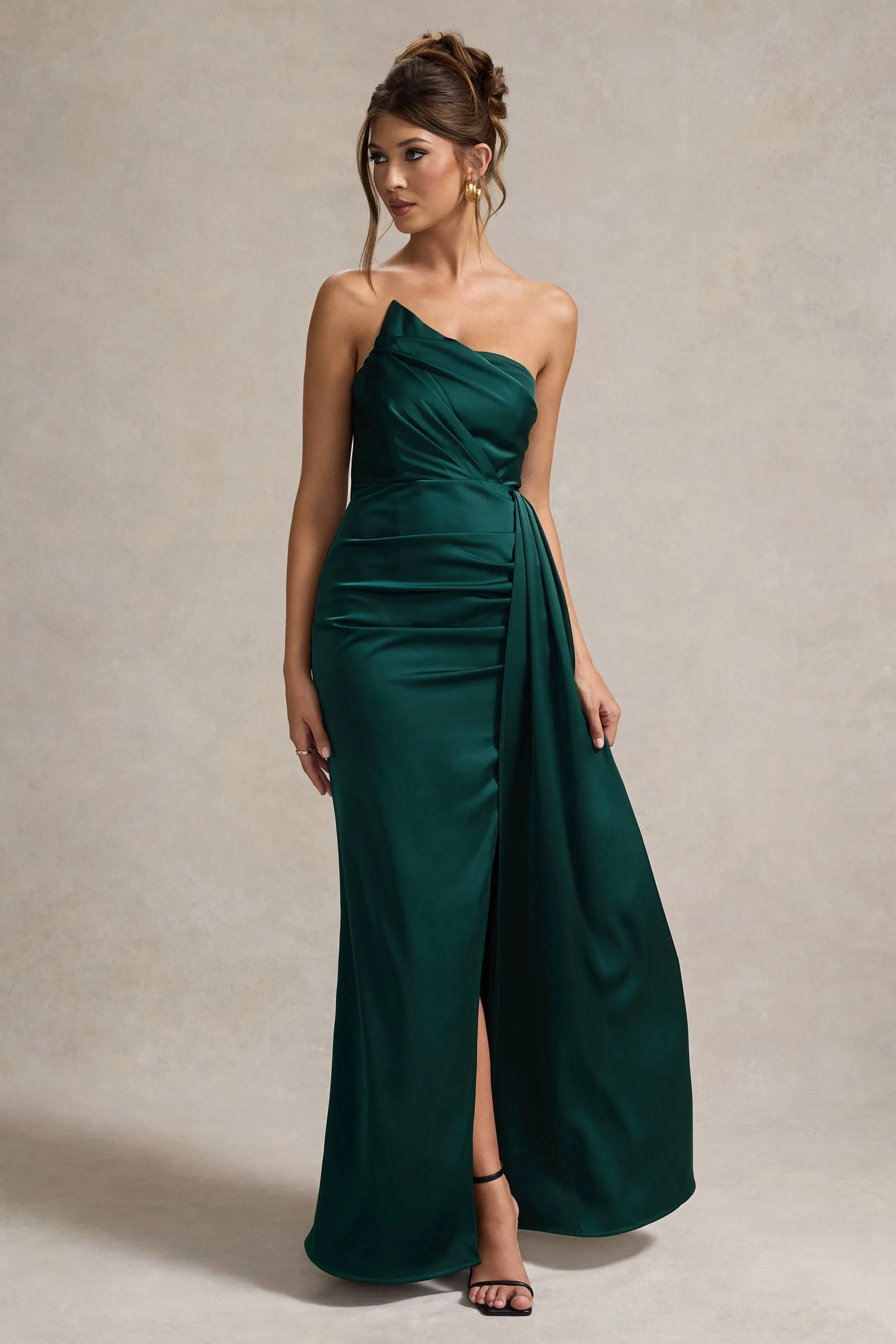 Hollywood | Bottle Green Satin Strapless Draped Maxi Dress