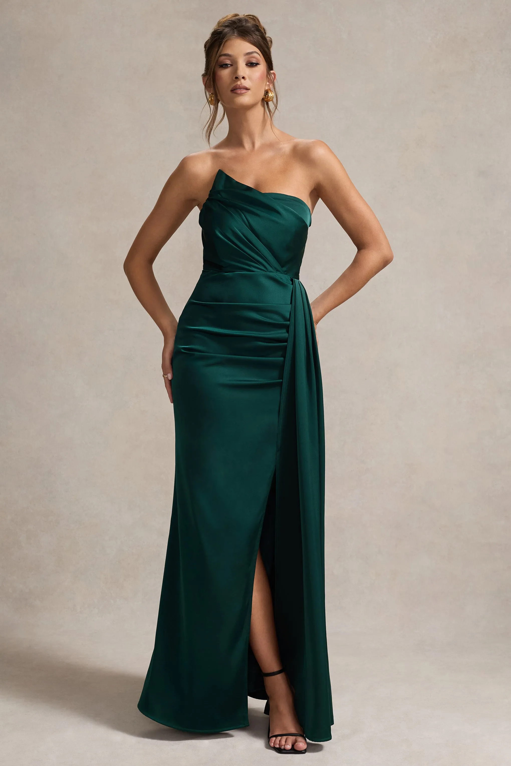 Hollywood | Bottle Green Satin Strapless Draped Maxi Dress