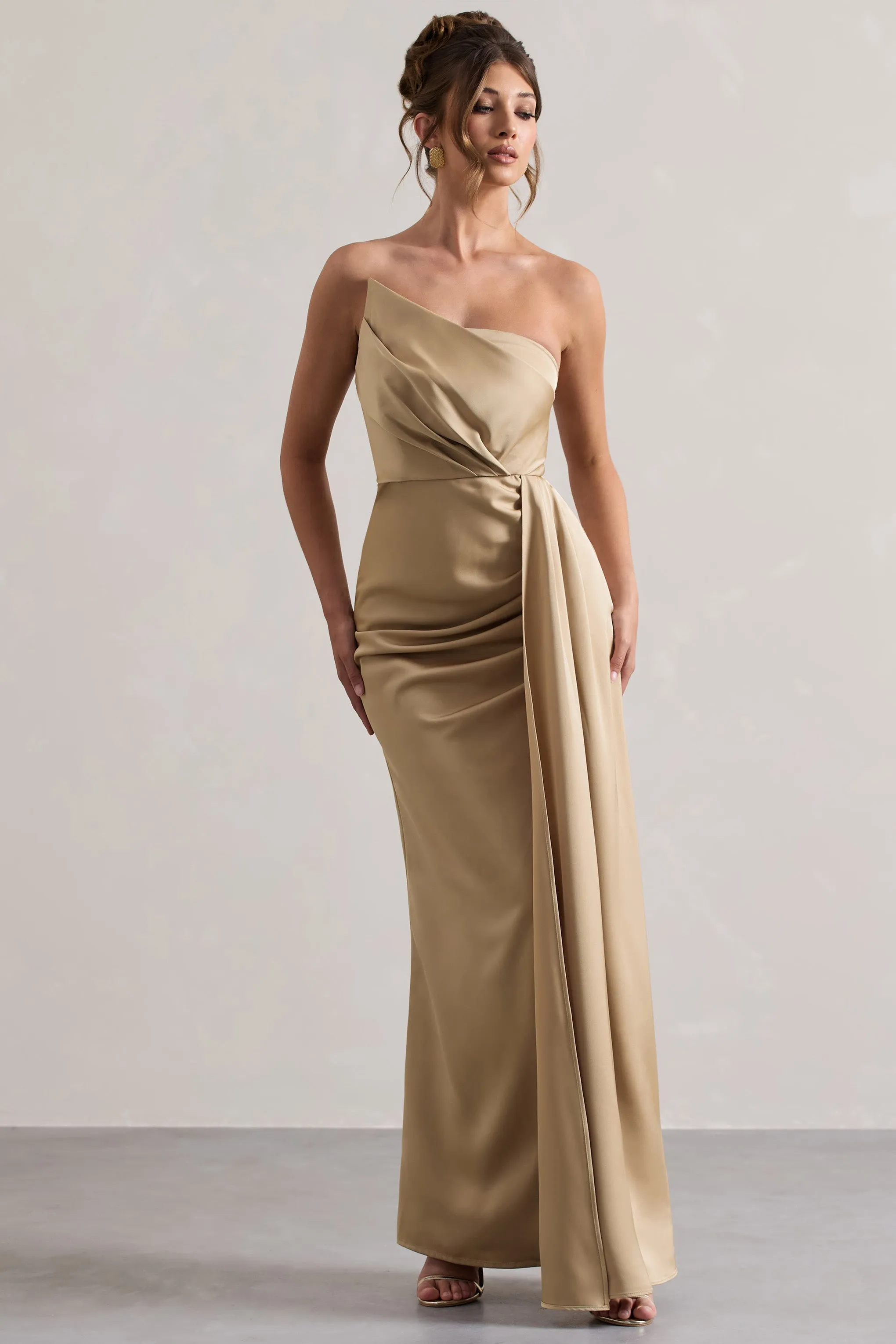 Hollywood | Champagne Satin Strapless Draped Maxi Dress