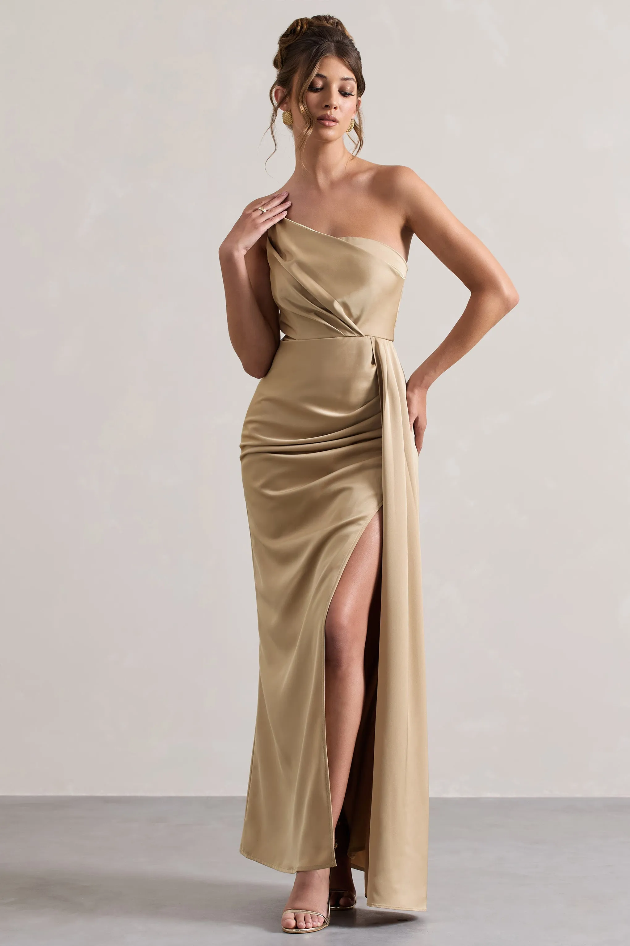 Hollywood | Champagne Satin Strapless Draped Maxi Dress