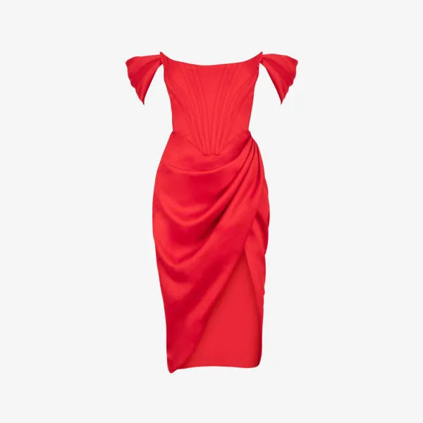 House Of Cb Loretta Off Shoulder Satin Midi Dress, Red