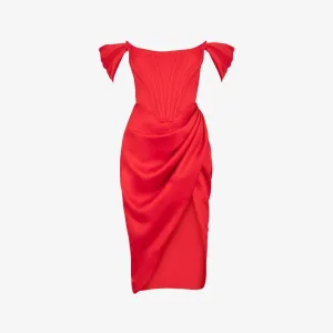 House Of Cb Loretta Off Shoulder Satin Midi Dress, Red