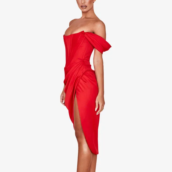 House Of Cb Loretta Off Shoulder Satin Midi Dress, Red