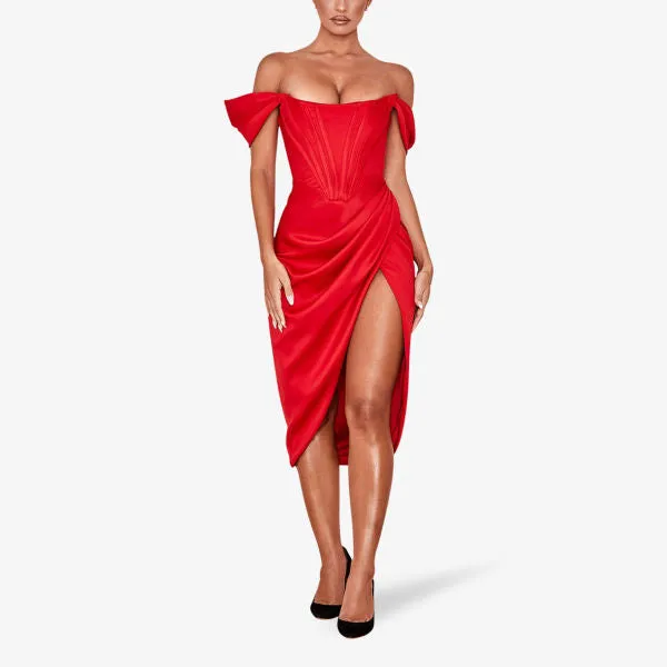 House Of Cb Loretta Off Shoulder Satin Midi Dress, Red