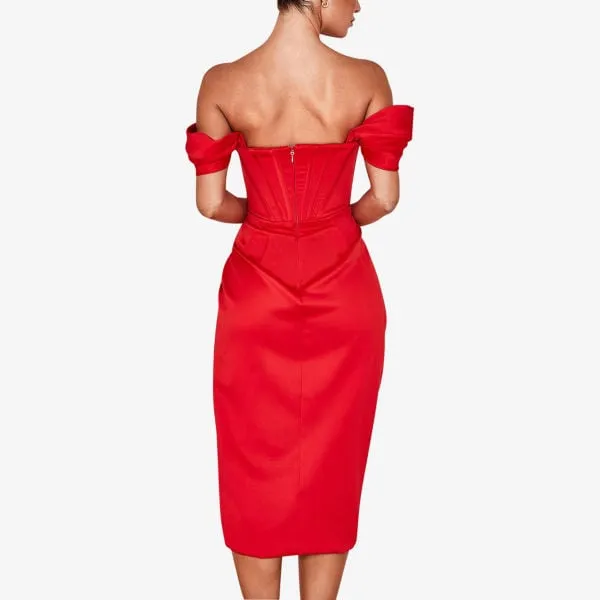 House Of Cb Loretta Off Shoulder Satin Midi Dress, Red