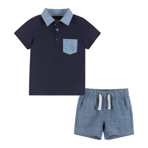 Infant Polo & Short Set | Navy Chambray