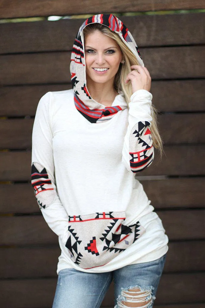 Ivory Aztec Hoodie with Pocket