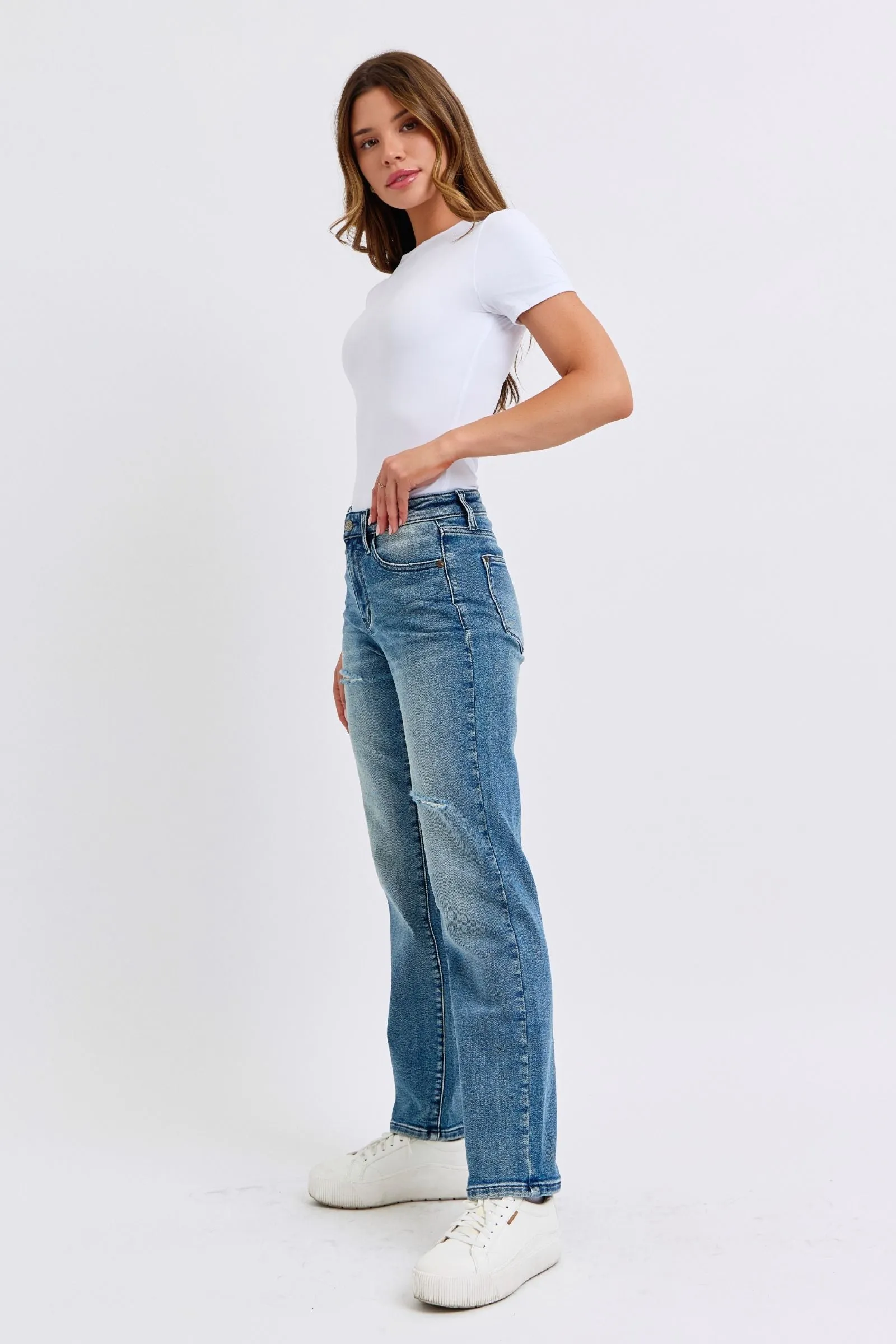 Judy Blue Mid Rise Contrast Wash Destroyed Dad Denim 88859