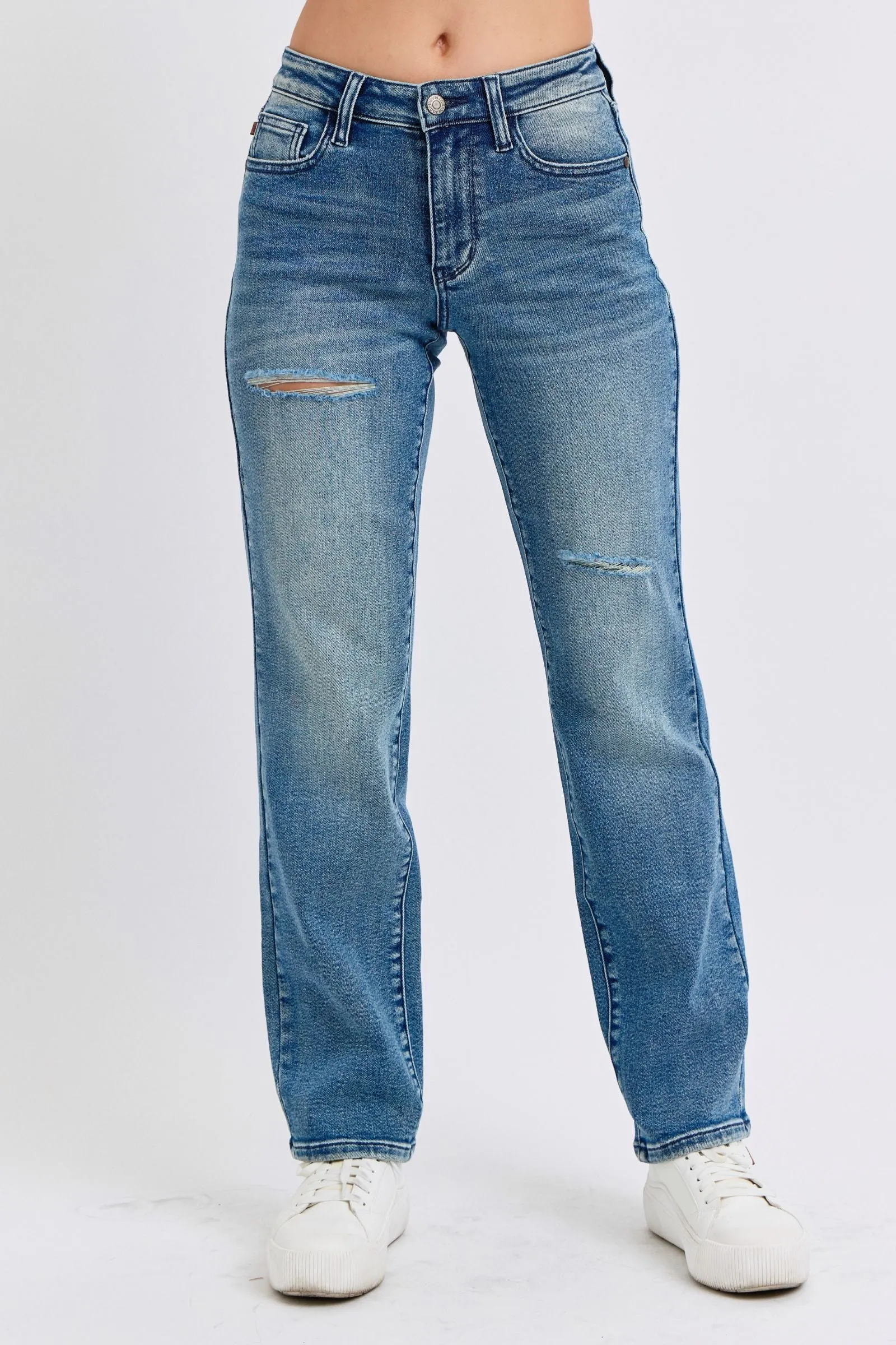 Judy Blue Mid Rise Contrast Wash Destroyed Dad Denim 88859