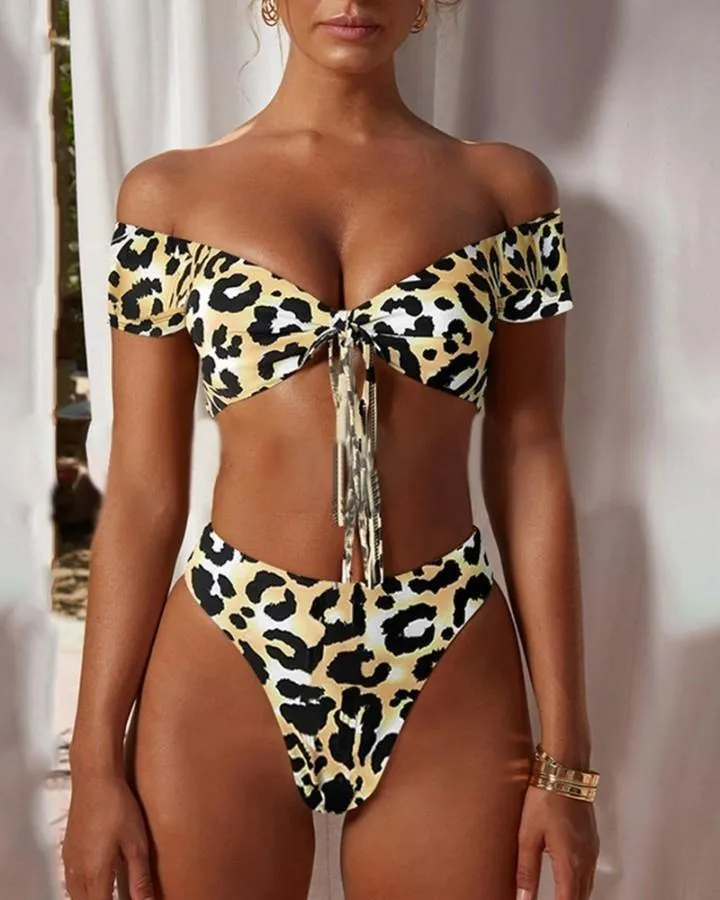 Leopard Short Sleeve Off Shoulder Bra With Panties Bikini Sets