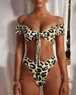 Leopard Short Sleeve Off Shoulder Bra With Panties Bikini Sets