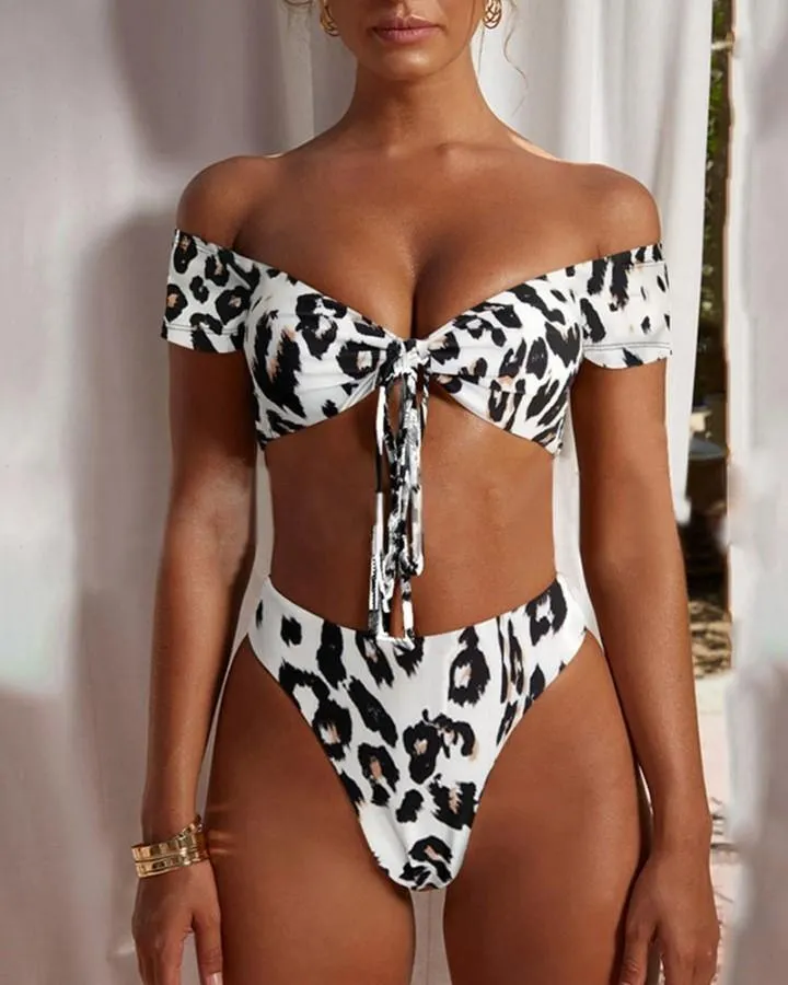 Leopard Short Sleeve Off Shoulder Bra With Panties Bikini Sets