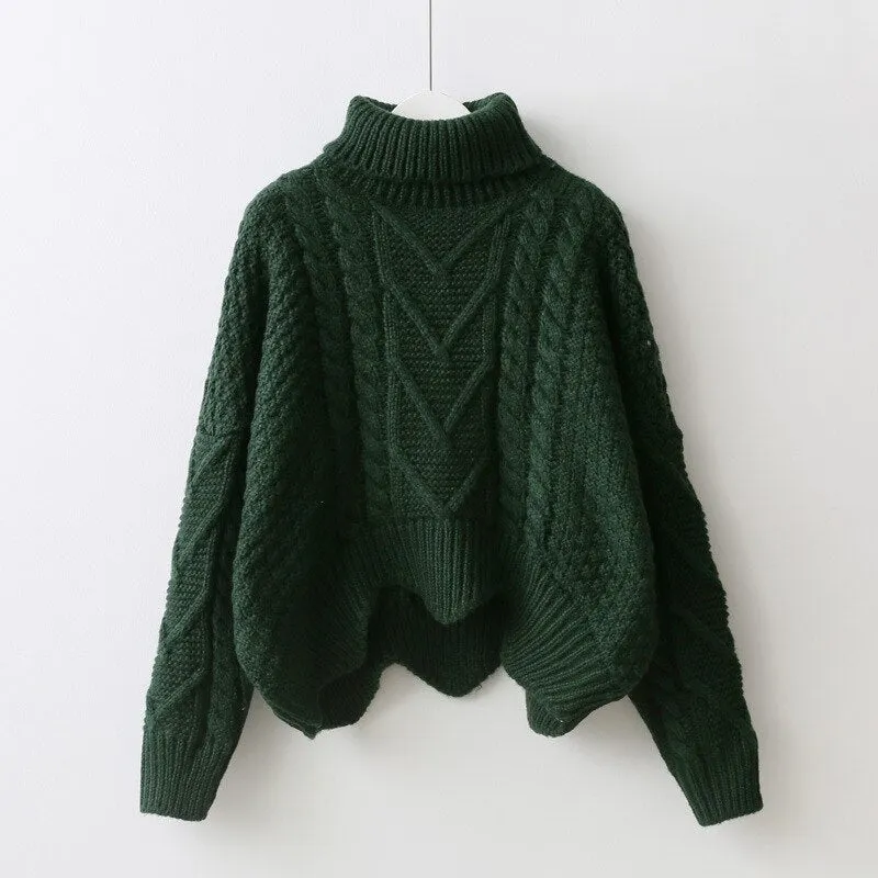 loose collar sweater female short bat sleeves wind rough woolen coat thickening