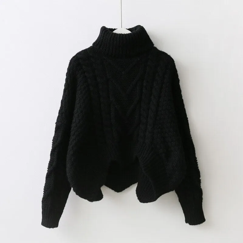 loose collar sweater female short bat sleeves wind rough woolen coat thickening