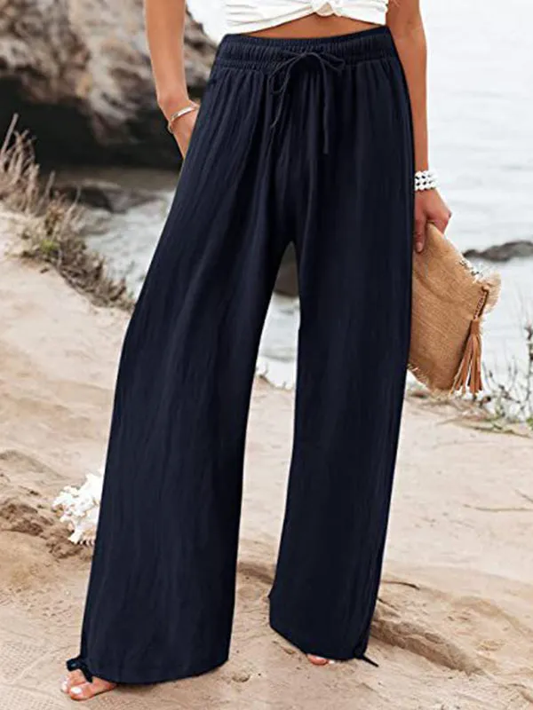 Loose Wide Leg Drawstring Elasticity Solid Color Pants Trousers