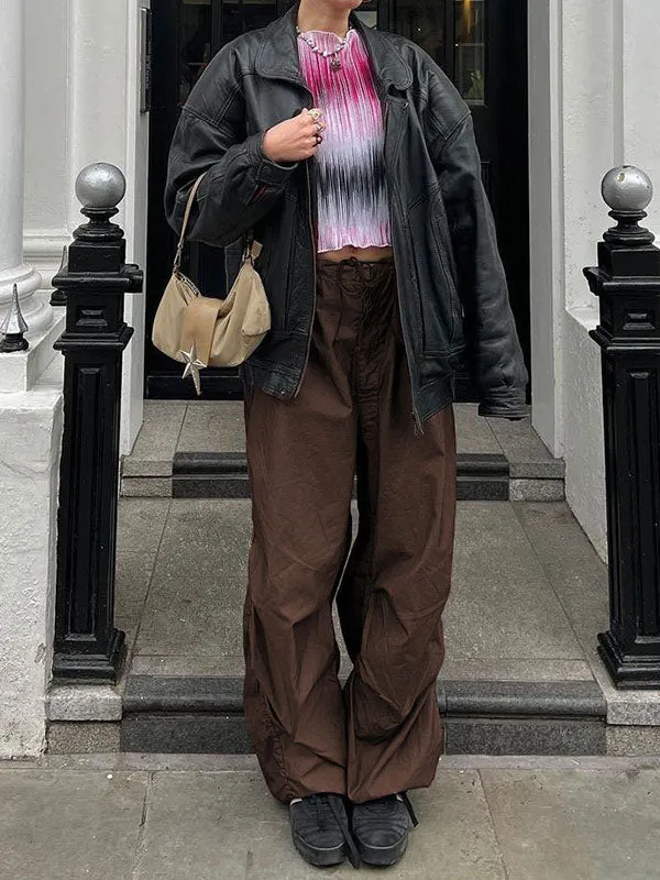 Loose Wide Leg Drawstring Pockets Solid Color Split-Joint Pants Trousers