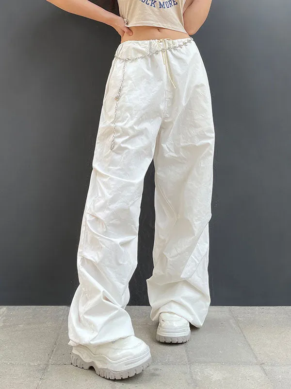 Loose Wide Leg Drawstring Pockets Solid Color Split-Joint Pants Trousers