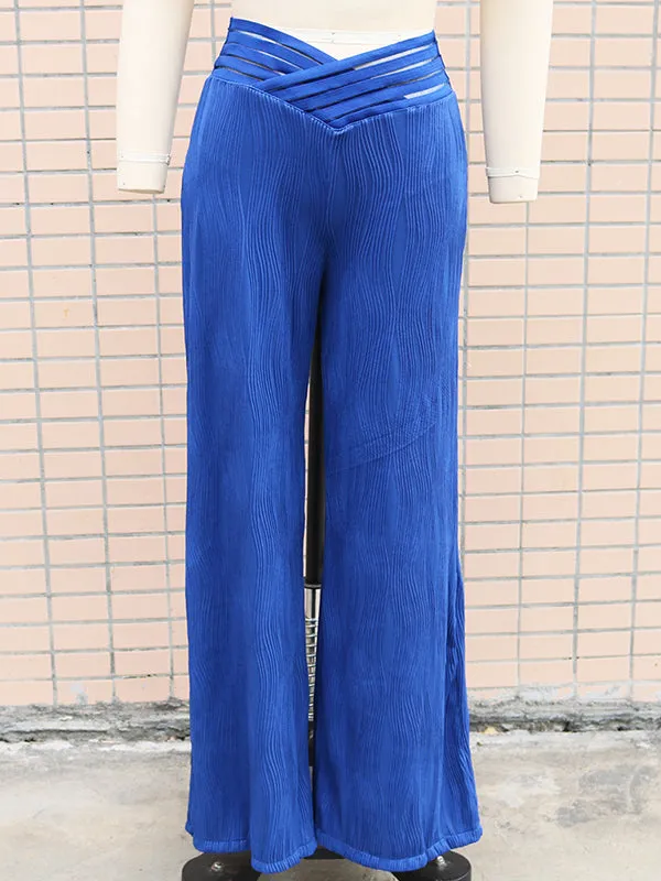 Loose Wide Leg Elasticity Hollow Pleated Solid Color Pants Trousers