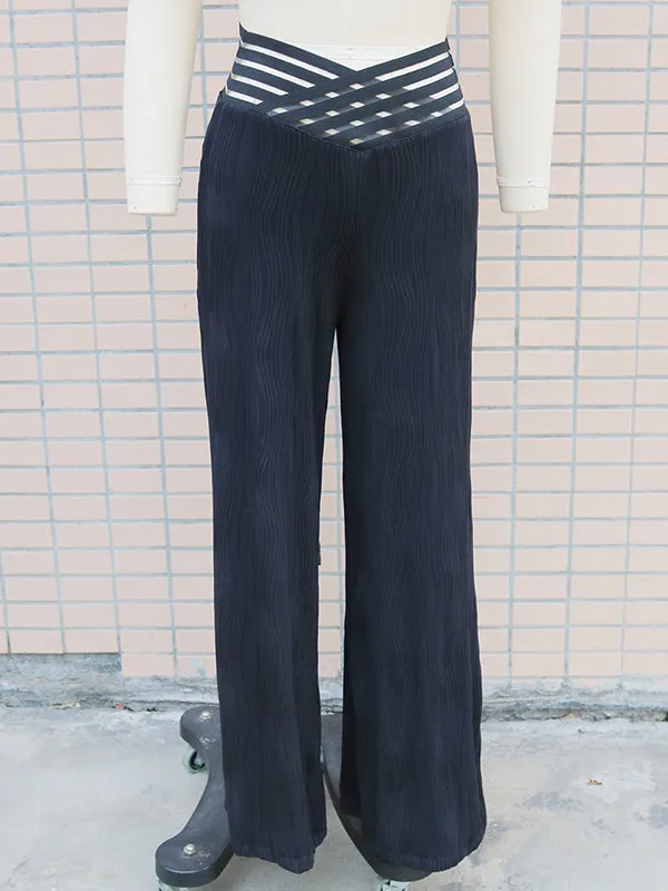 Loose Wide Leg Elasticity Hollow Pleated Solid Color Pants Trousers