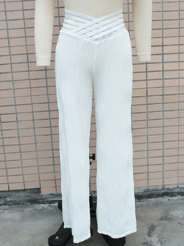 Loose Wide Leg Elasticity Hollow Pleated Solid Color Pants Trousers